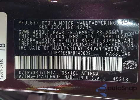 2015 Toyota Avalon Limited z USA, uszkodzony, nr VIN 4T1BK1EB8FU148039